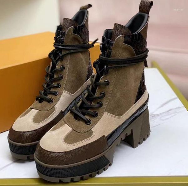 

boots mixed color fashion leather thick heel luxury women high shoes round toe quality desert riding 20211, Black