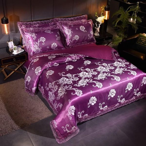 

bedding sets drop wedding duvet cover set golden jacquard lace flat sheet pillowcase 4pcs european luxury violet
