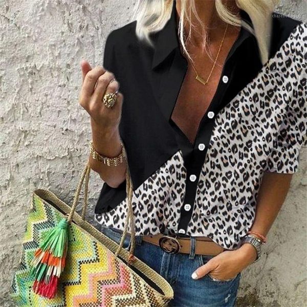 

fashion leopard stitching women blouses long sleeves buttons loose casual wear female lapel collar femme spring fall shirts1, White