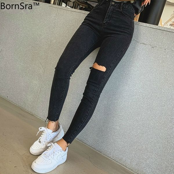 

bornsra high waist tassel ripped holes denim pants female trousers pencil jeans women skinny pants black jeans 201105, Blue