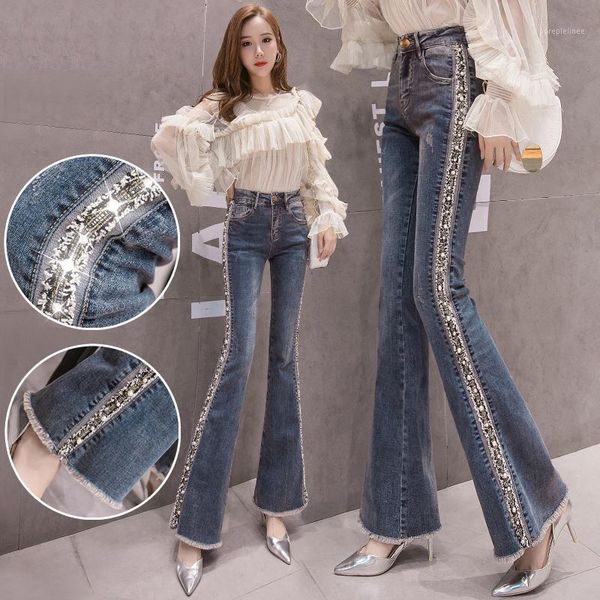 

flare jeans women's slim beaded wide leg pants flared pants high waist jeans woman ripped for women skinny woman1, Blue