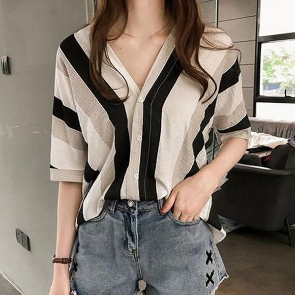 

2021 summer shirts women v-neck striped print blouses casual ladies short sleeve spliced striped shirts blusa feminina, White