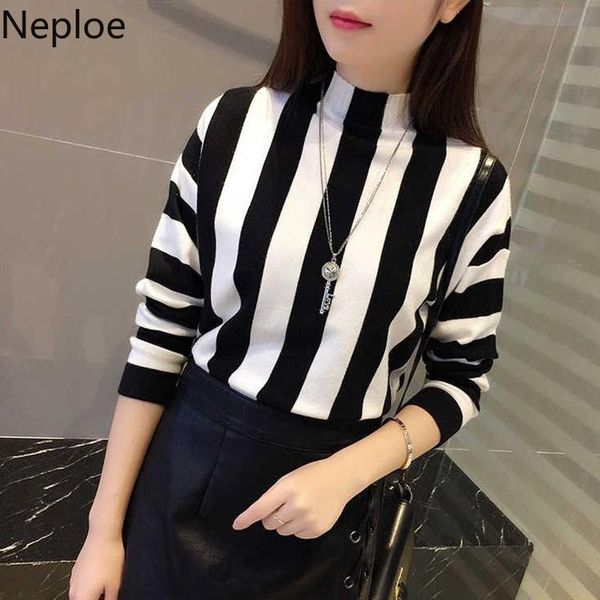 

neploe striped knit clothes autumn winter new 2020 korean women sweater slim long sleeve pullover half turtleneck knitwear 54688, White;black