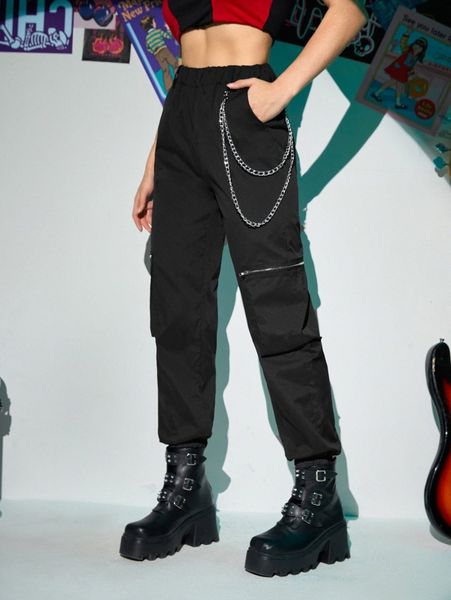 

romwe zipper flap pocket cargo pants n49k#, Black;white