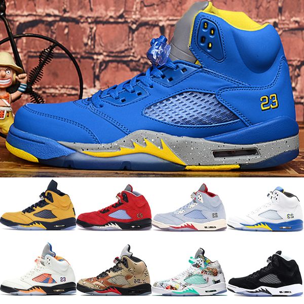 

laney varsity royal 5 5s jsp jumpman men basketball shoes michigan 2019 trophy room ice blue university red wings mens stylist trainers, Black