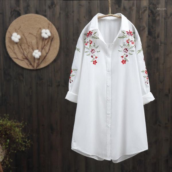 

2020 new spring new women long blouse office lady white shirts flower embroidery elegant loose shirts outwear 1