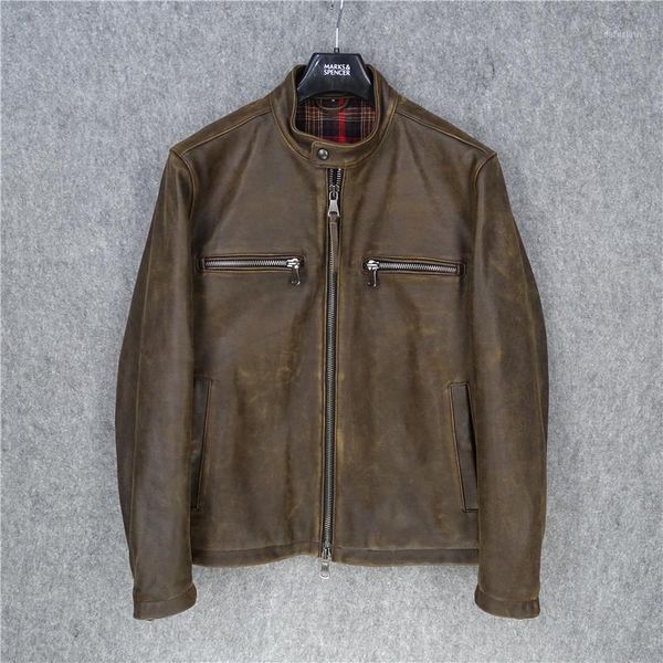 

2020 american style vintage brown men biker's leather jacket genuine thick cowhide autumn slim fit motorcycle leather coat1, Black