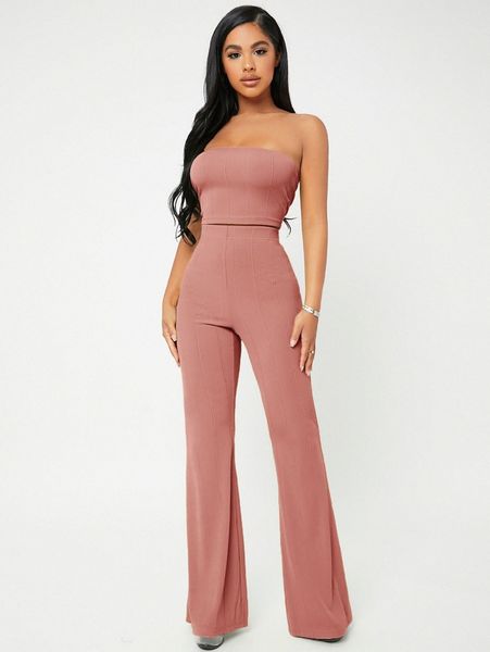 

crop tube & flare leg pants set p1vi#, White