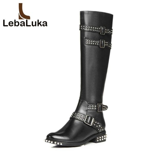 

tuyoki women knee high boots genuine leather shoes women rivets buckle botas round toe zipper bing crystal boots size 34-39, Black