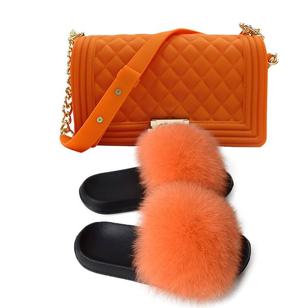 

house slippers for women soft fox fur shoes furry sandals, fox fur shoes and bags, colorful wallet slippers, travel shoe set, Black