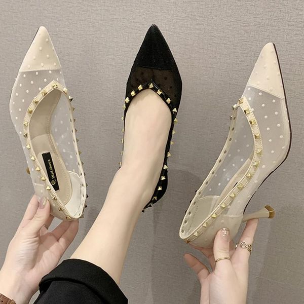 

breathable air mesh pointed toe rivets woman pumps slip on studs mujer bombas polka dot stiletto high heels shoes women2020, Black
