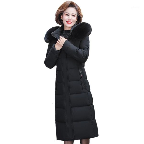 

plus size 5xl 2020 x-long winter jacket women woman parkas for mother hooded fur collar thick middle-aged female cotton coat1, Black
