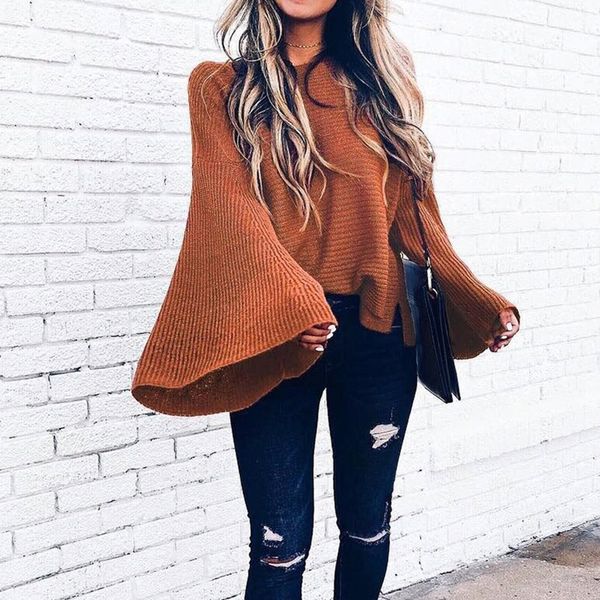 

july's wb new women pullovers fashion o-neck sweaters flare sleeve autumn solid sweaters for female ladies y200910, White;black