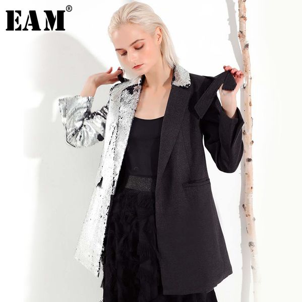 

[eam] new spring lapel long sleeve personality black sequins split joint bandage loose coat women fashion ji99 201126, Black;brown