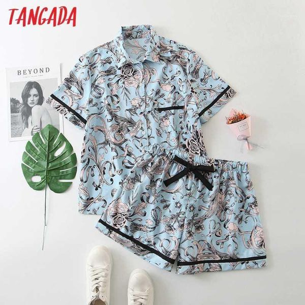 

tangada 2020 summer women vintage blue print shorts set suit 2 piece set shirt and shorts 8h21, Gray