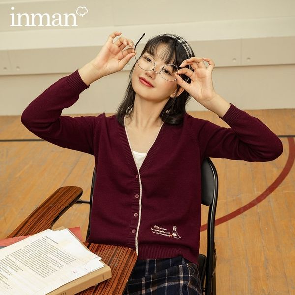 

inman autumn winter new arrival retro deep v-neck rib contrast color edging pattern embroidered long sleeve knit cardigan s 201202, White;black