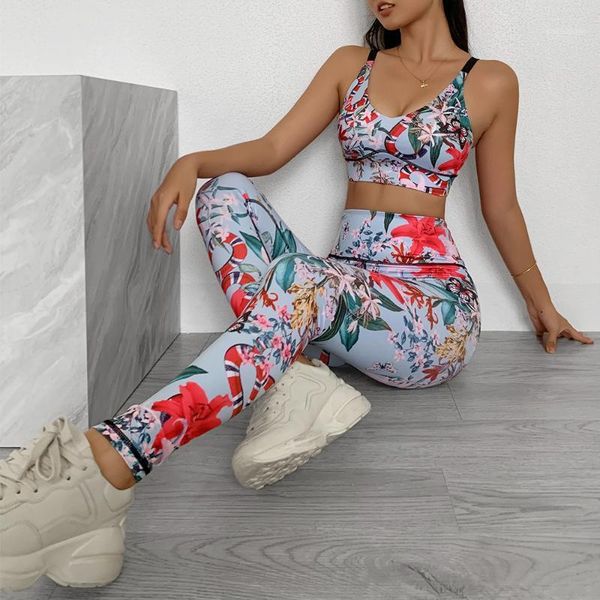 

yoga outfits 2 piece set women sport print halter bra & high waist leggings running workout gym brassiere femme1, White;red