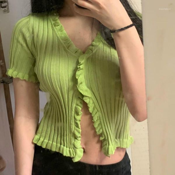 

women sweet short sweater women spring autumn solid short sleeve cardigan button stretch slim ladies ruffle korean, White