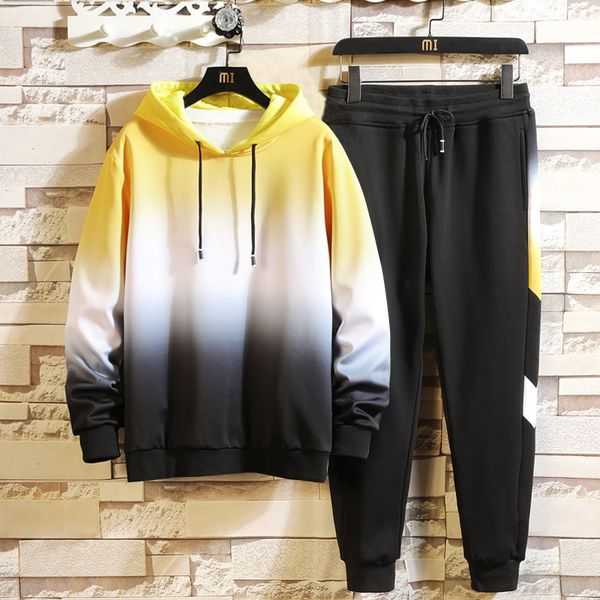 

2021 new autumn 2 pcs sports wear gradient sweat jogging suits tracksuit men set long sleeve sweatshirt 2c0z, Black