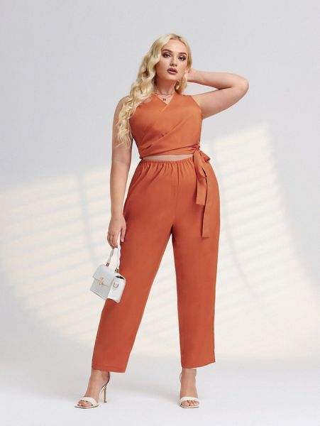 

plus cross wrap knot side cut out jumpsuit d7cn#, Black