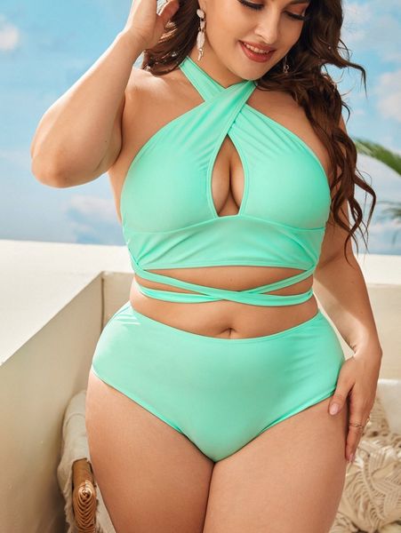 

plus plain criss cross high waisted bikini swimsuit 36h7#, Black