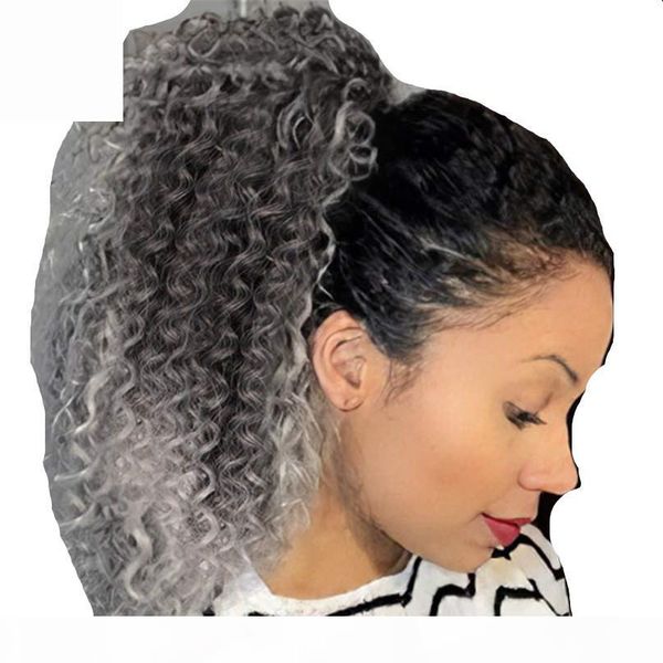 

gray drawstring ponytail extensions ombre black grey ponytails for black women kink curly hair tails two tone ponytail hairpiece grey hair