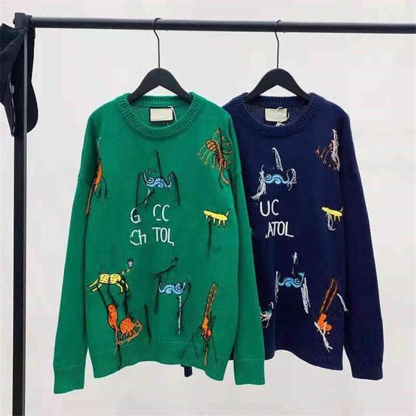 

autumn new fashion brand ancient animal pattern hook flower knitted long sleeve pullover men's and women's sweater, White