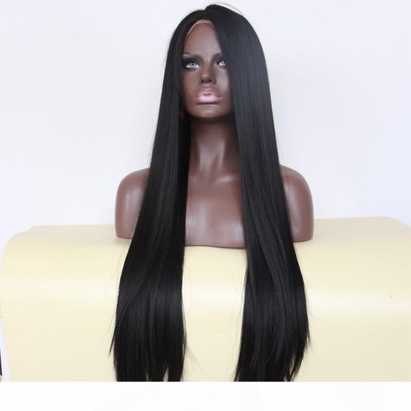 

natural black 1b# middle part long silky straight synthetic full wigs heat resistant synthetic lace front wigs for black women