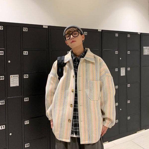 

2020 autumn and winter new youth popular loose men's rainbow striped woolen coat fashion casual single-breasted m-3xl, Black