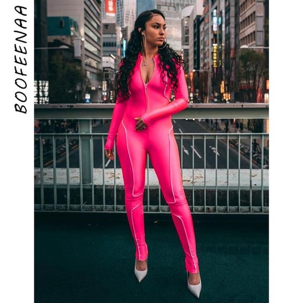 

boofeenaa reflective striped zip long sleeve bodycon jumpsuit street wear fall outfits club wear neon pink romper c87-af99 t200509, Black;white