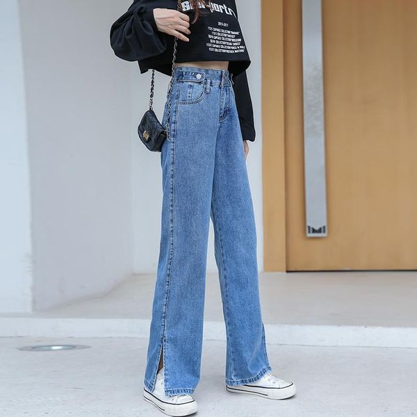 

film] female wide-legged pants jeans loose fall straight new tall waist show thin split pants of mop the floor, Blue