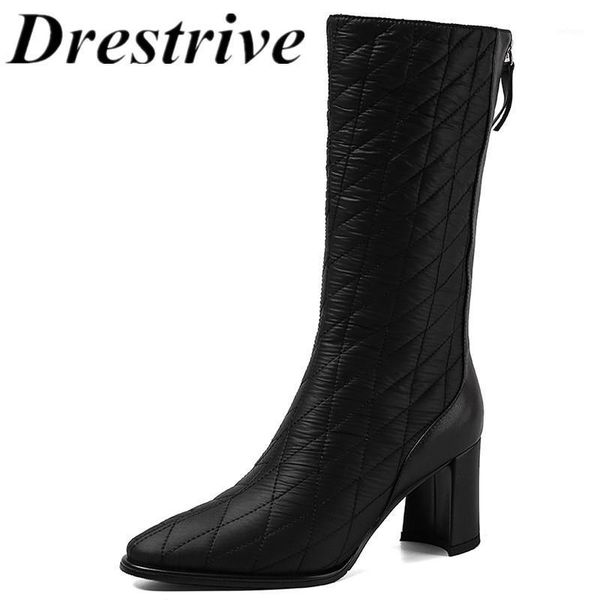 

boots drestrive women's mid calf down high heels .5 cm zipper pointed toe 2021 winter shoes black size 43 patchwork cow leather1
