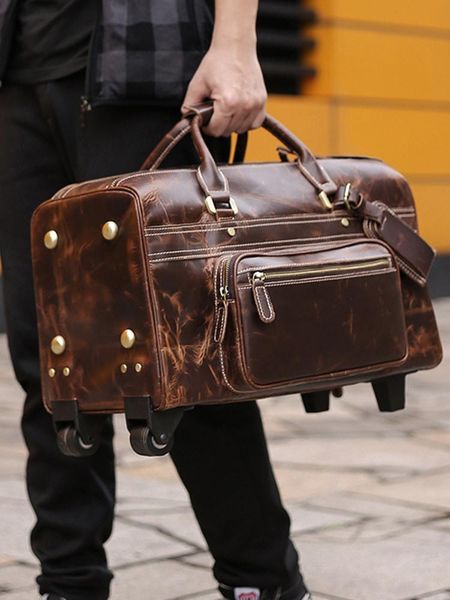 

2021 retro leather travel bag for men large capacity trolley luggage layer crazy horse oil leather hand luggage bag