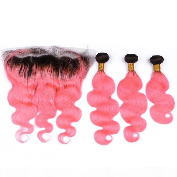 

virgin peruvian human hair black and pink ombre body wave weave bundles 3pcs with frontal #1b pink ombre 13x4 lace frontal closure, Black;brown