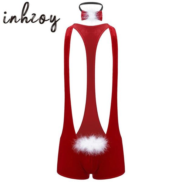 

men red soft velvet christmas underwear santa cosplay fancy costume singlet mankini boxer with bowtie male xmas underpants, Black;white