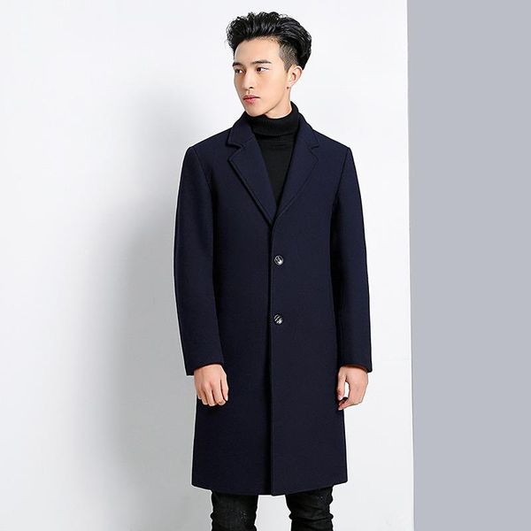 

han edition men's windbreaker long season and thicken cultivate morality handsome cloth coat of long woolen cloth coat, Black