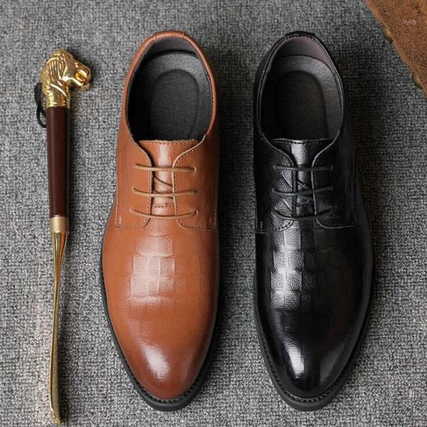 

dress shoes fashion mens genuine leather wedding business pointed oxfords breathable working lace up a53-221, Black