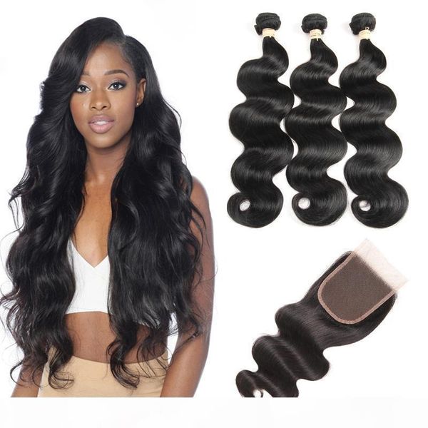 

body wave hair bundles with lace closure for wholesale grade 8a virgin hair natural black unprocessed brazilian wet and wavy hair bundles, Black;brown