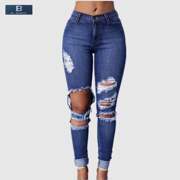 

women's jeans [el barco] cotton ripped holes denim female mid waist long blue soft breathable skinny pencil pants women casual trousers