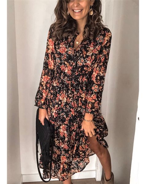 

floral printed designer womens shirt dress long sleeve lapel neck button pencil dress autumn female clothing, Black;gray