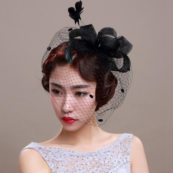 

1pc 7colors fashion bride hair bow hat wedding veil p portrait hairpin gauze cover face flower feather headdress, Golden;silver