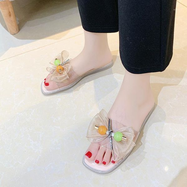 

lace bow flat slippers women slides summer pvc transparent open toe slippers women outdoor sweet soft sole beach slides 20201, Black
