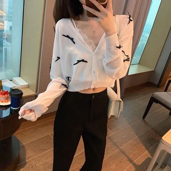 

summer female knit thin cardigan sweater coat girls knitted short bowknots single breasted white sweaters for women, White;black