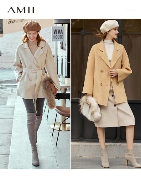 

women's wool & blends amie minimalist double-sleeve double-sided coat 2021 winter lapel with belt midi loose coat1, Black