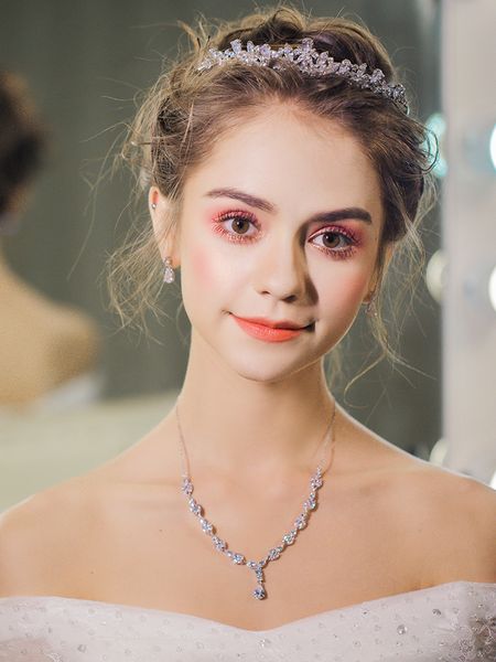 

bride zircon crown 2020 new dress simple hair accessories wedding headdress necklace earrings three piece set, Silver