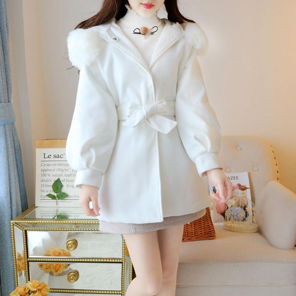 

women's wool & blends autumn winter long coat women thick warm blend outerwear faux fur collar hooded plus size fashion elegant woolen, Black