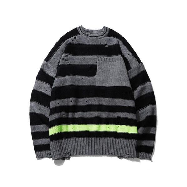 

2020 striped destroyed hole distressed sweaters men knitted pullover sweater male hip hop fashion loose sweater streetwear w1359, White;black