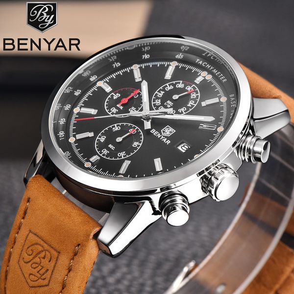 

benyar watches men chronograph sport man watch leather clock quartz wristwatch relogio masculino 5102, Slivery;brown