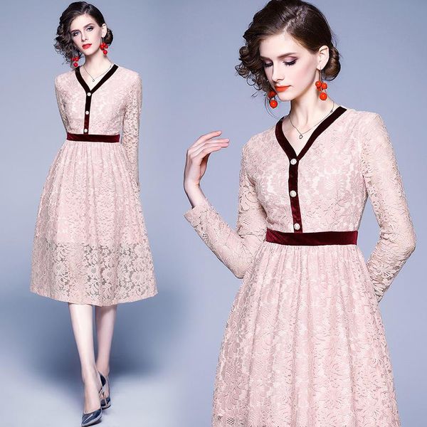 

new elegant vintage fashion women lace slim tunic high waist evening party dress lady button v neck long sleeve midi dresses, Black;gray