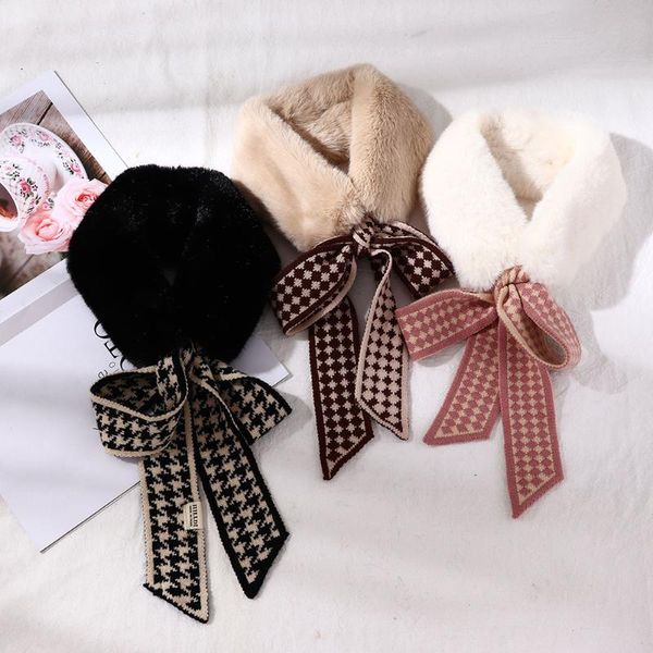 

2020 new designer winter warm faux fur neck scarf women fashion houndstooth crochet knitted scarfs for ladies foulards, Blue;gray